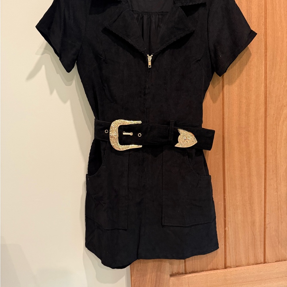 Black Short Sleeve Romper with Gold Belt